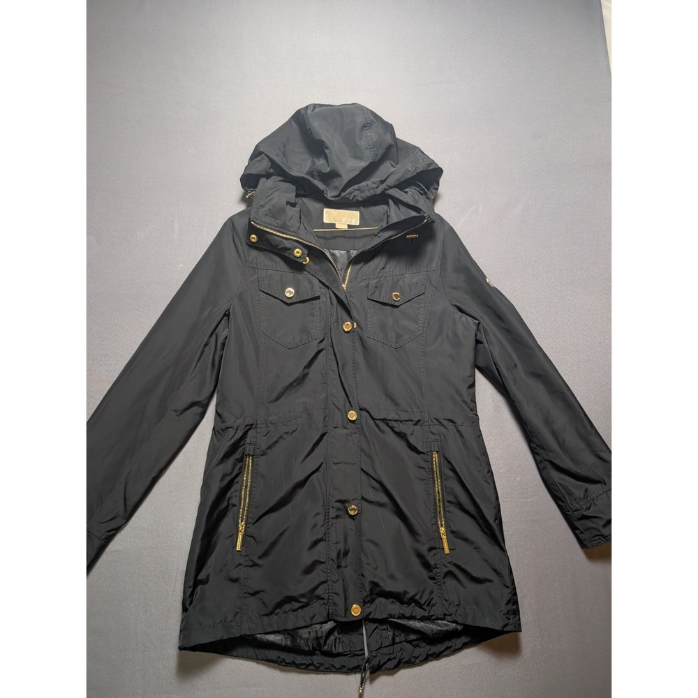 Michael Kors Anorak Jacket Womens M Black Cinch-Waist Utility Hooded Full Zip
